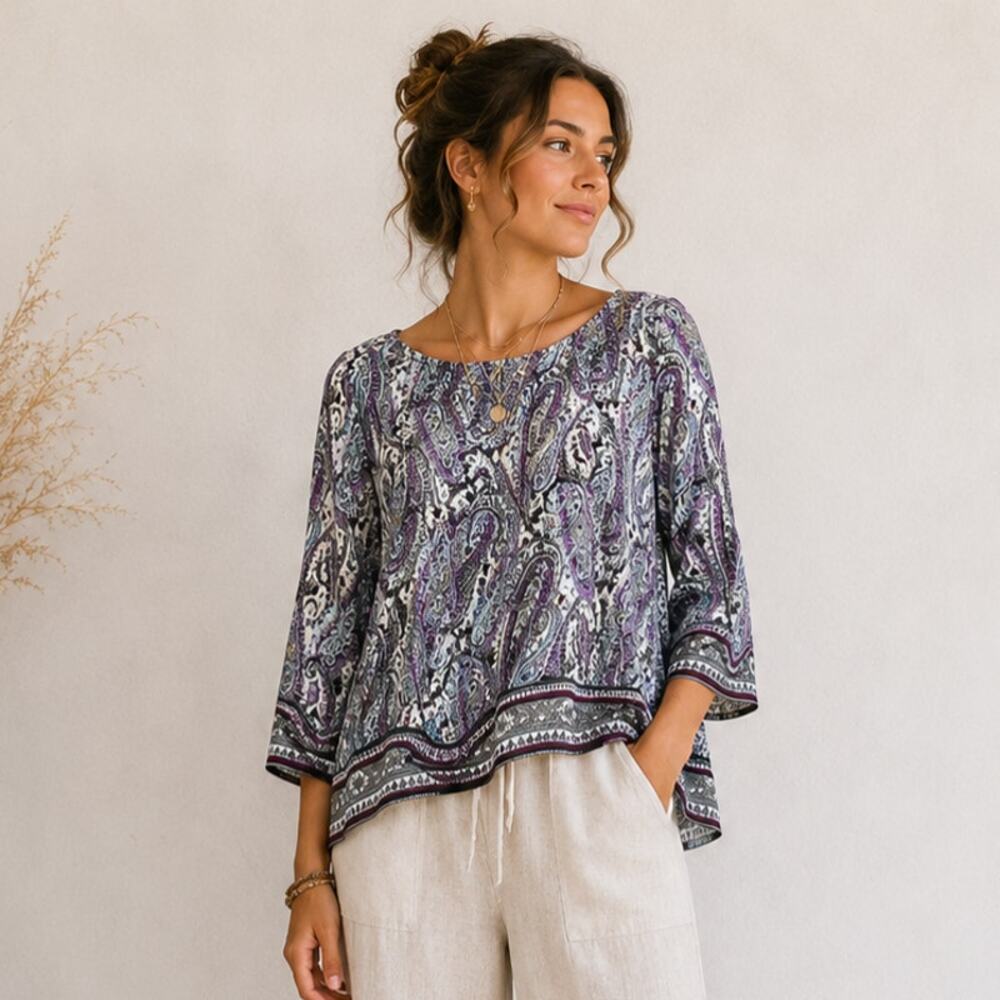 J. Jill Top Womens Size MP Adara Violet Paisley Wrap Back 3/4 Sleeve Boho Casual